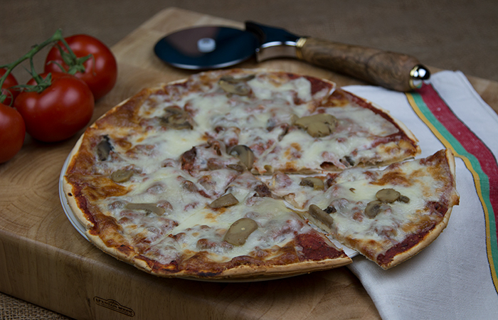 Sausage and Mushroom Frozen Pizza from Dina Mia Kitchens, Iron River, Michigan